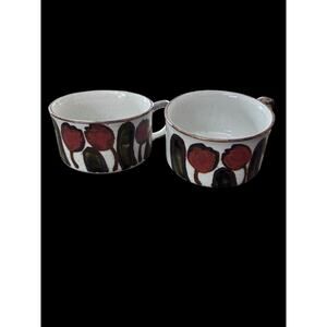 Vintage Pair of 70s Otagiri Style Floral Mid-Century Modern Stoneware Soup Mug